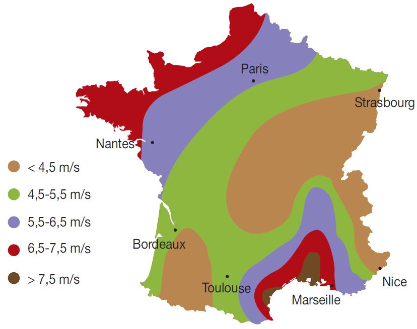 Carte de France de la ressource éolienne à 50m