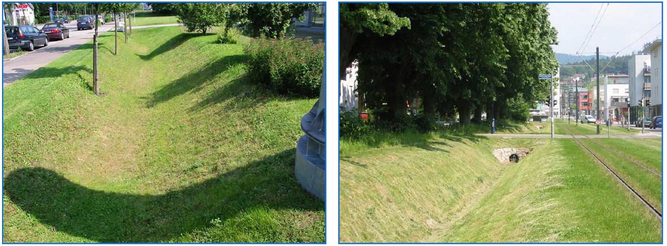 Noue (à gauche) et fosses d'infiltration (à droite) équipant la quartier Vauban à Fribourg