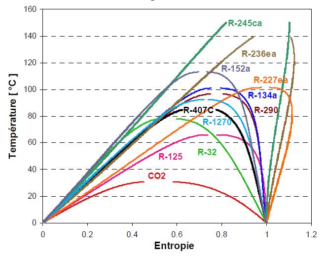 Diagramme TS* des corps purs choisis (*: L’entropie est non dimensionnelle et est normalisée à 1)