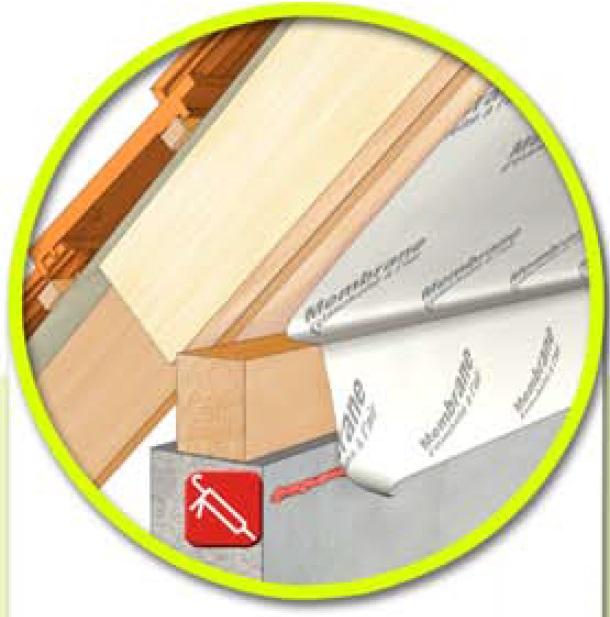 Etanchéïté à l'air > Jonction au bâti > Membrane collée sur le mur au niveau de la panne sablière Etanchéïté à l'air > Jonction au bâti > Membrane collée sur le mur au niveau de la panne sablière