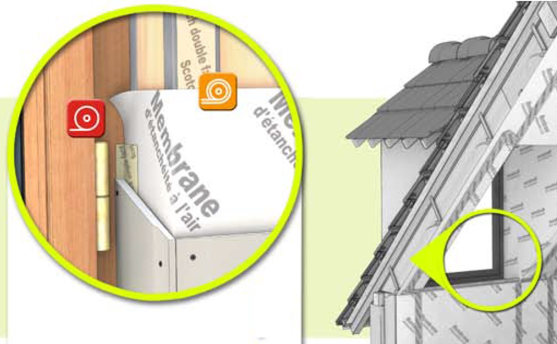Etanchéïté à l'air > Jonction au bâti > Raccordement à une lucarne Etanchéïté à l'air > Jonction au bâti > Raccordement à une lucarne