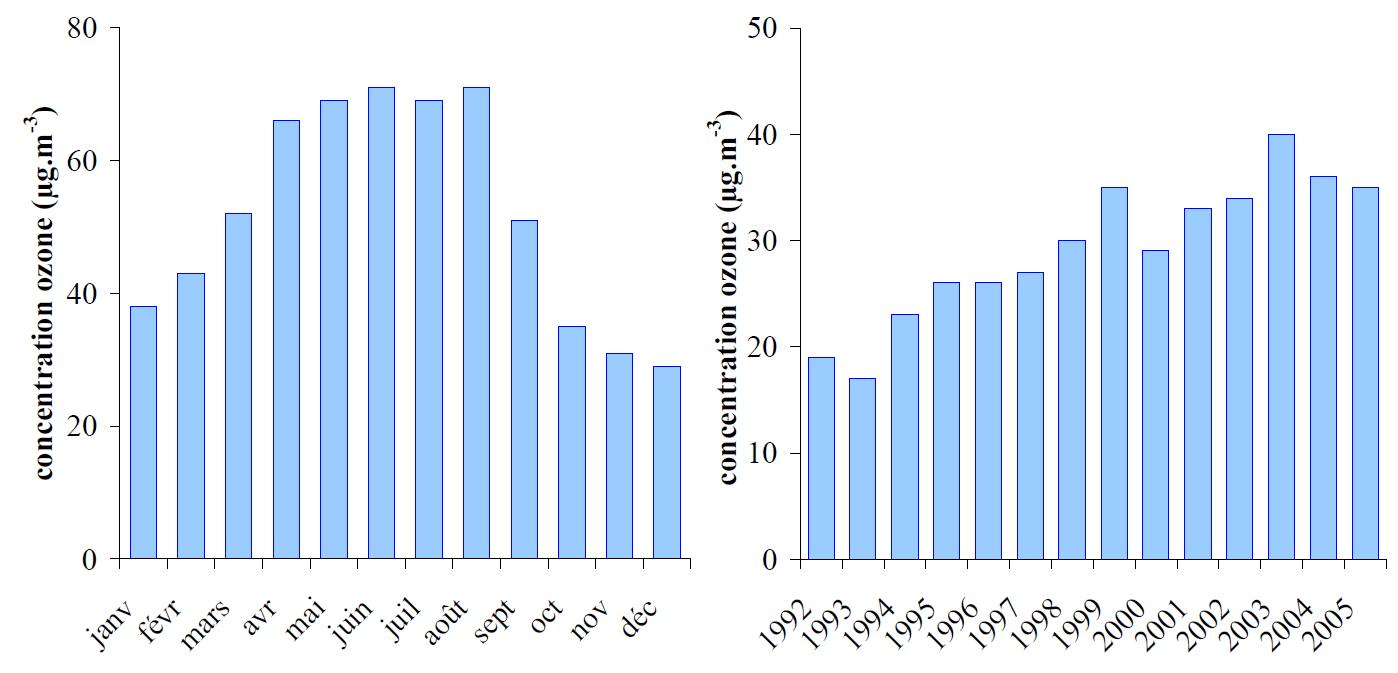 Evolution des concentrations a) mensuelles et b) annuelles d’ozone sur l’agglomération parisienne [AIRPARIF, 2005])