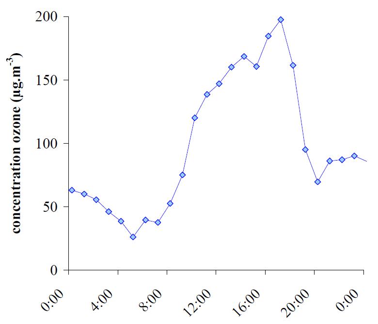 Evolution de la concentration horaire d’ozone le 29 juillet 2004