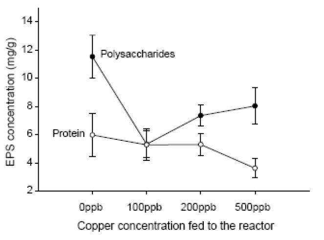 Impact du cuivre sur la production d’EPS (Polysaccharides et protéines) Impact du cuivre sur la production d’EPS (Polysaccharides et protéines)