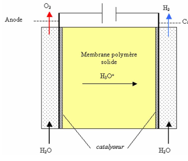 Principe schématique de l'électrolyse PEM