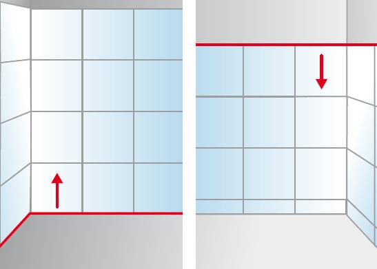 Si le mur ne doit pas être carrelé à une hauteur définie, commencer à carreler par le bas. Si la hauteur est précise, commencer à carreler par le haut et disposer les carreaux coupés en bas Si le mur ne doit pas être carrelé à une hauteur définie, commencer à carreler par le bas. Si la hauteur est précise, commencer à carreler par le haut et disposer les carreaux coupés en bas