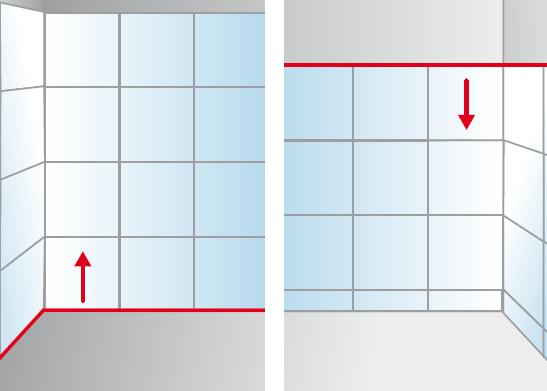 Si le mur ne doit pas être carrelé à une hauteur définie, commencer à carreler par le bas. Si la hauteur est précise, commencer à carreler par le haut et disposer les carreaux coupés en bas