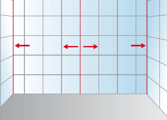 Pour des murs rectangulaires, déterminer le milieu avec le fil à plomb. Disposer les carreaux à partir de là. Les carreaux de bordure doivent avoir au moins une demi-largeur de carreau Pour des murs rectangulaires, déterminer le milieu avec le fil à plomb. Disposer les carreaux à partir de là. Les carreaux de bordure doivent avoir au moins une demi-largeur de carreau