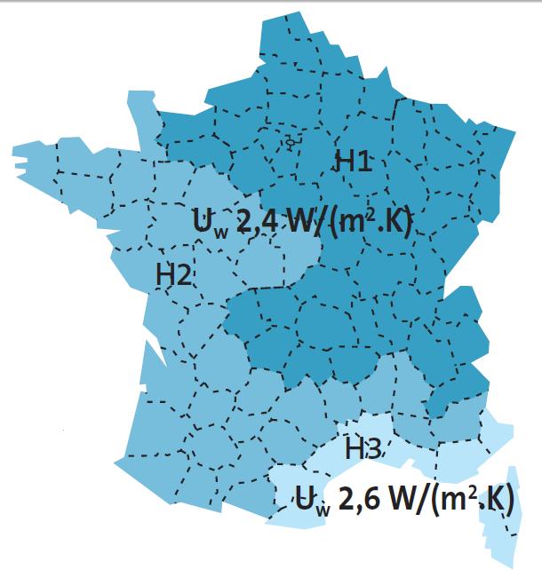 Zones climatiques d’hiver (RT 2000), coefficients de transmission thermique de référence des baies vitrée